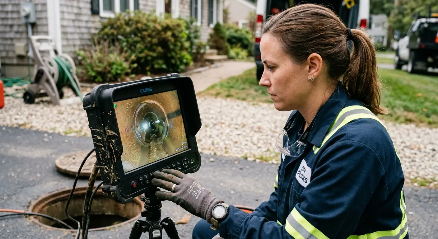 Technician reviewing sewer camera inspection footage in Crestwood