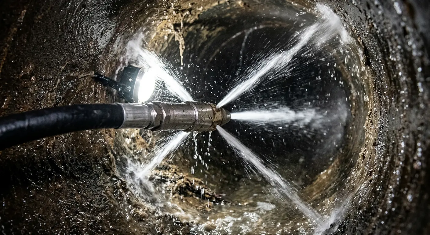 High-pressure hydro jetting nozzle cleaning sewer pipe for Trenchless Sewer Repair in Crestwood