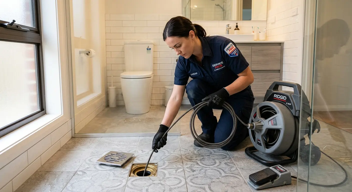 Technician clearing a bathroom floor drain for Sewer Line Replacement in Crestwood